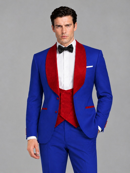 Savile Men's Royal Blue 3-Piece Tuxedo Suit Set – Contrast Red Shawl Lapel Blazer, Red Waistcoat & Trousers - SUC020 - Royal_Blue