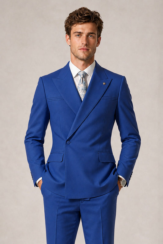 Savile Men's Royal Blue Double-Breasted Slim Fit 2-Piece Suit Set – Peak Lapel Blazer & Cuffed Trousers | Wedding Prom Formal - Royal Blue