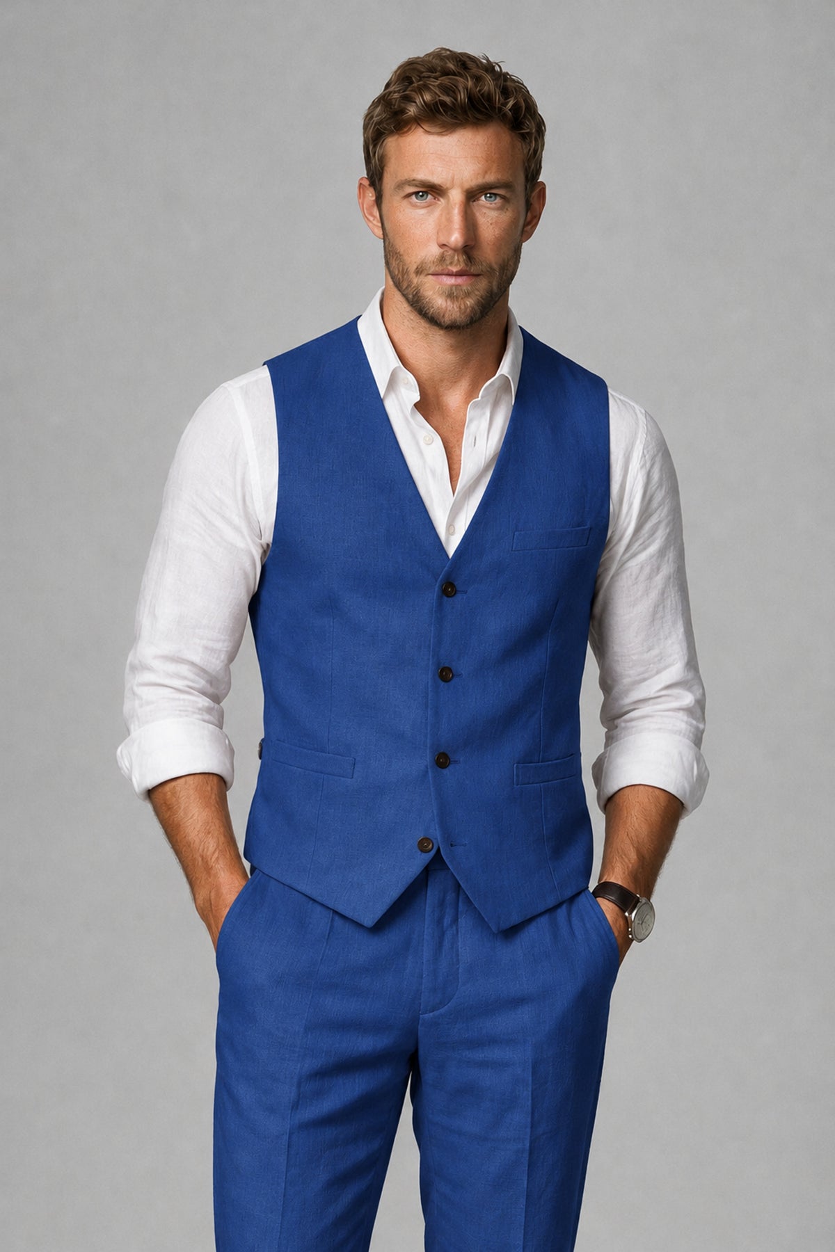 Men's Royal Blue Linen Blend Single-Breasted V-Neck Suit Vest | Savile QX0101 - Royal Blue