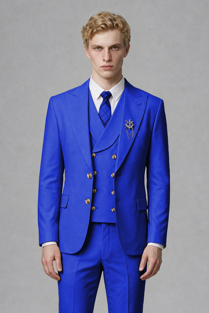 Savile Men's Royal Blue Three-Piece Wedding Suit with Double-Breasted Waistcoat - Royal Blue