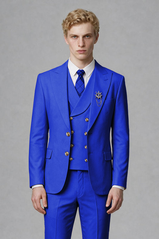 Savile Men's Royal Blue Three-Piece Wedding Suit with Double-Breasted Waistcoat - Royal Blue