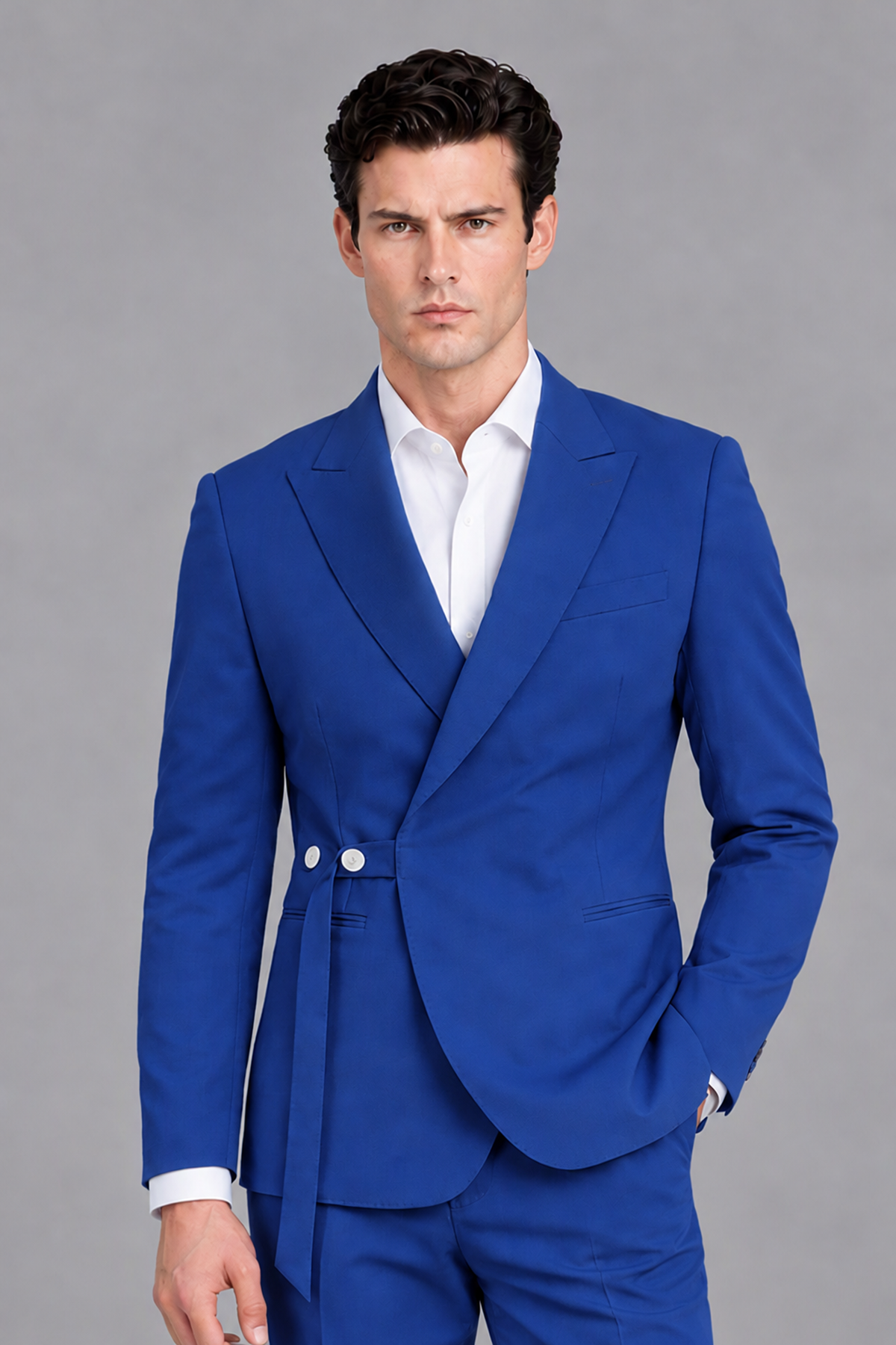 Savile Men's Modern Royal Blue 2-Piece Wrap Suit Set – Peak Lapel Side-Button Blazer & Tailored Trousers - Royal Blue - Royal_Blue_1