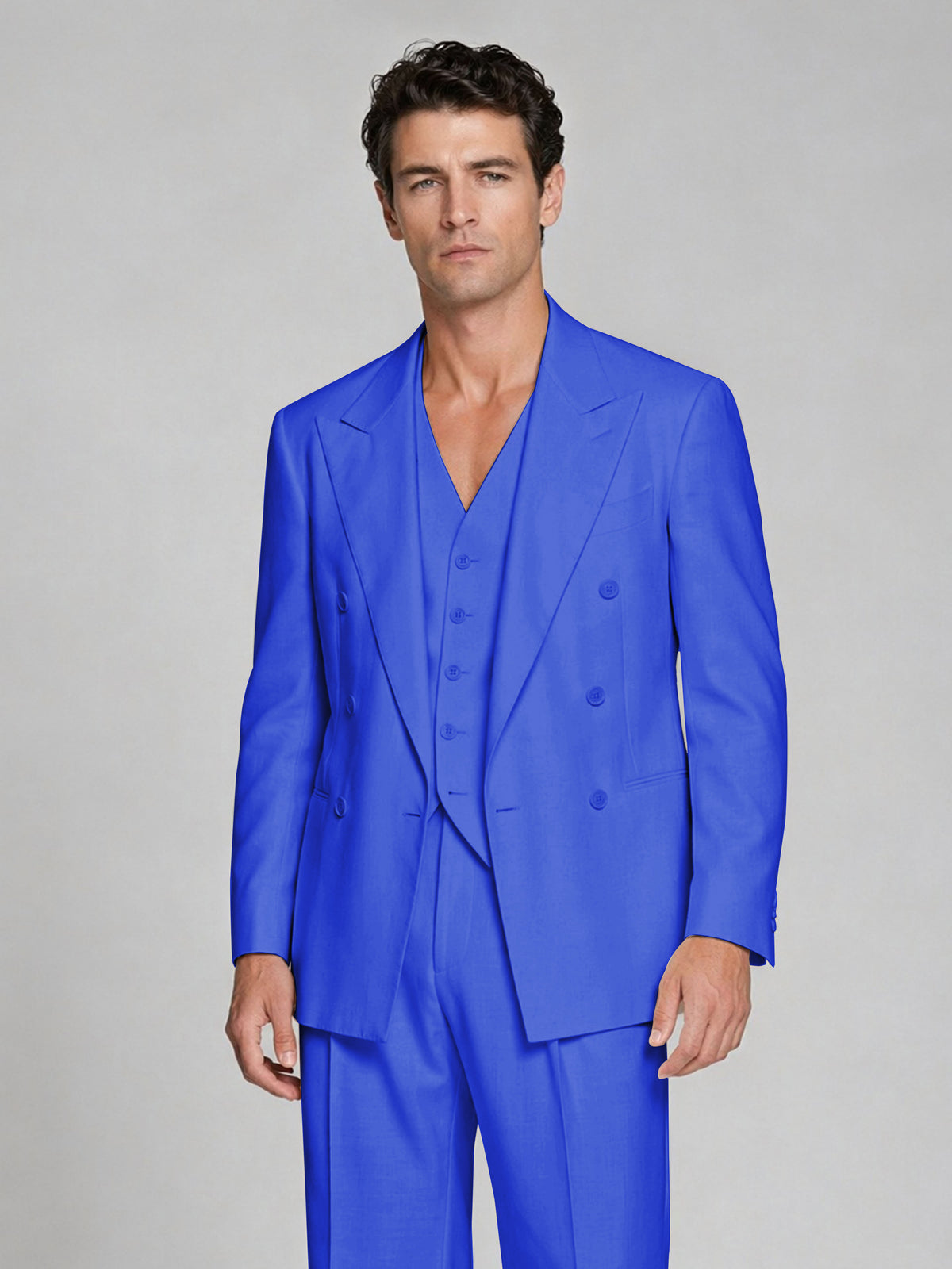 Men's Royal Blue Double-Breasted 2-Piece Suit – Peak Lapel Wedding & Beach Formal Set with Vest - Royal Blue