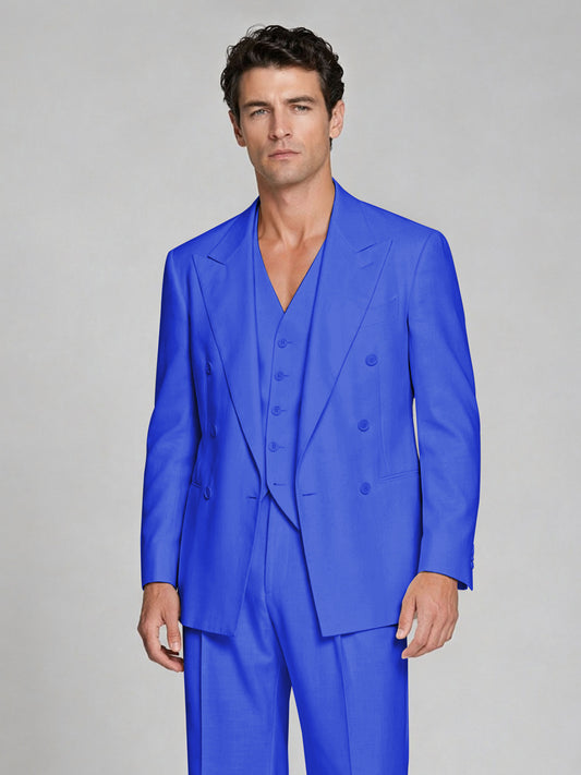 Men's Royal Blue Double-Breasted 2-Piece Suit – Peak Lapel Wedding & Beach Formal Set with Vest - Royal Blue