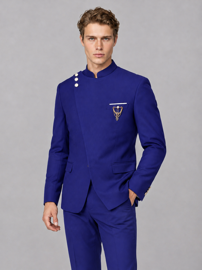 Savile Men's Royal Blue Mandarin Collar Asymmetrical 2-Piece Suit Set – Modern Jacket & Trousers - Royal Blue - Royal Blue_1