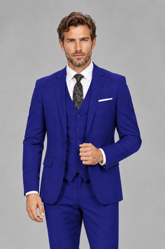 Savile Men's Royal Blue 3-Piece Suit Set – Notch Lapel Blazer, Vest & Trousers - Royal Blue - Royal_Blue_1