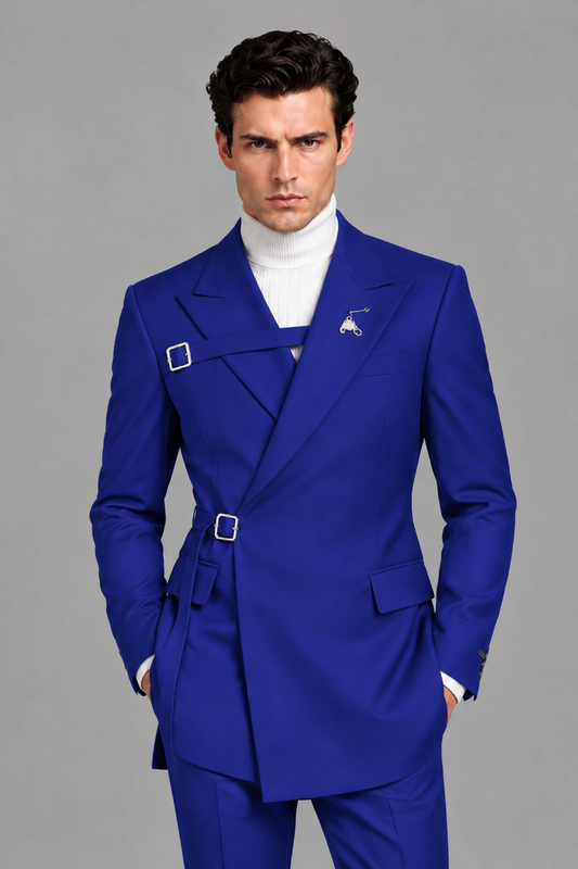 Savile Men's Royal Blue Double Buckle Wrap Belted 2-Piece Suit Set – Peak Lapel Slim-Fit Jacket & Trousers - Royal Blue - Royal Blue_1