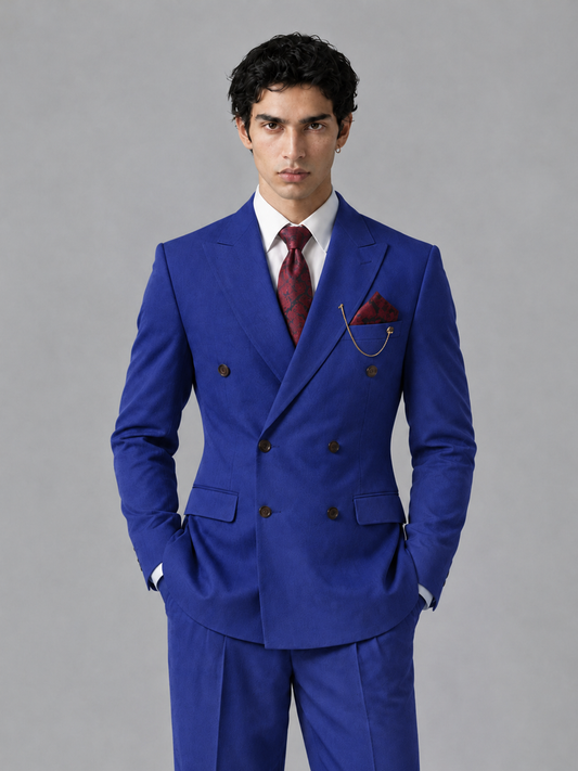 Savile Men's Royal Blue Double-Breasted 2-Piece Suit Set – Peak Lapel Blazer & Pleated Wide-Leg Trousers - Royal Blue - Royal Blue_1
