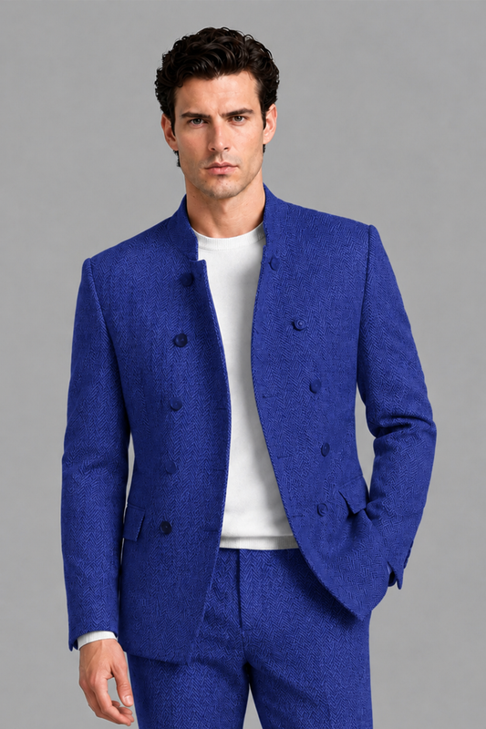 Savile Men's Royal Blue Stand Collar Double Breasted Slim Fit 2-Piece Suit Set – Jacket & Trousers | Wedding Gala Formal - Royal_Blue
