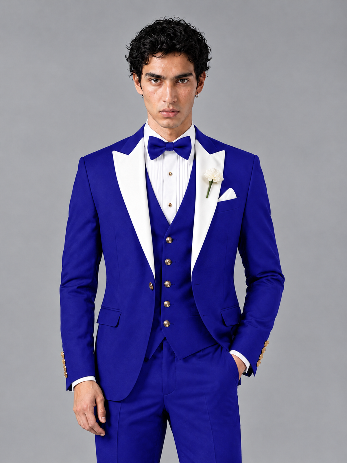 Savile Men's Royal Blue Contrast White Peak Lapel 3-Piece Tuxedo Suit - Royal_Blue