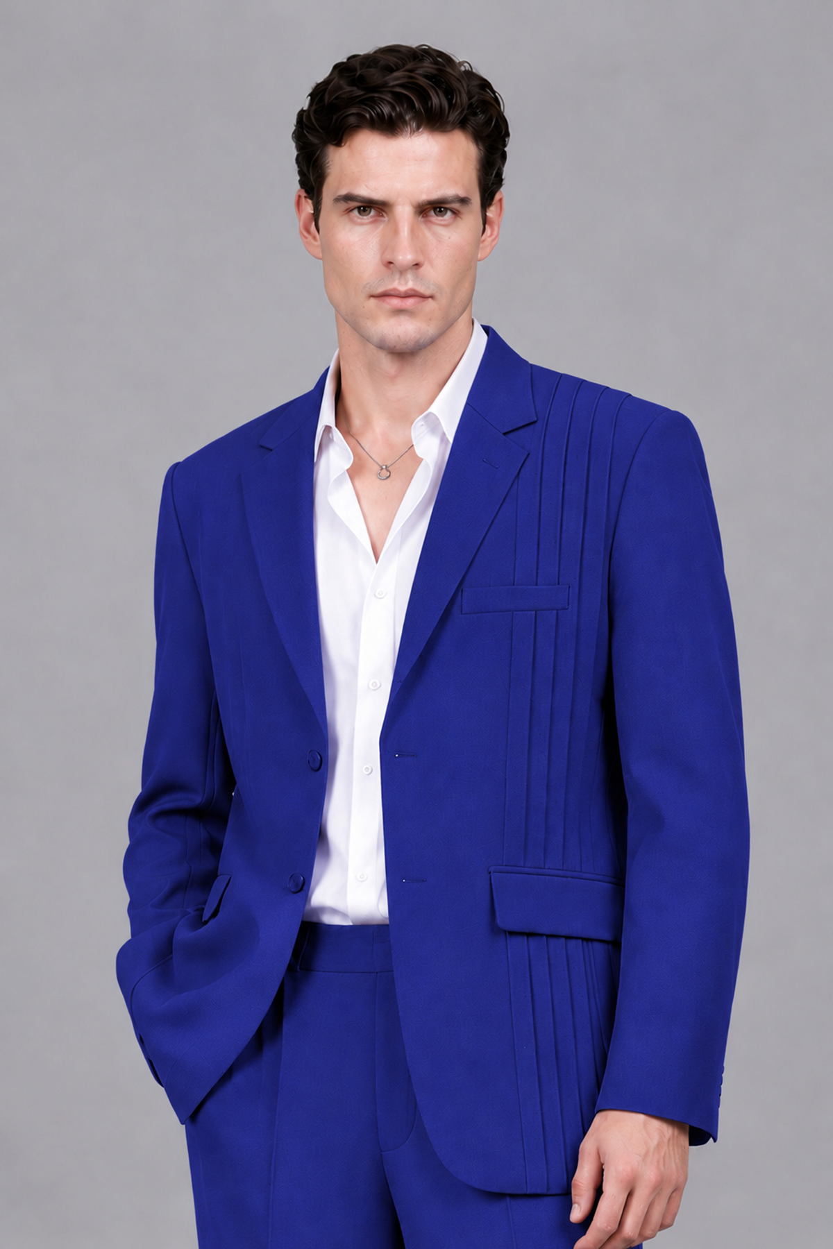 Savile Men's Royal Blue Pleated 2-Piece Suit Set | Notch Lapel Blazer & Tailored Trousers - Royal Blue - Royal Blue_1