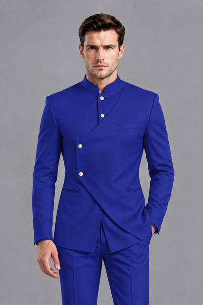 Savile Men's Royal Blue Asymmetrical Mandarin Collar Tuxedo Suit – Modern 2-Piece Gold Button Wedding, Prom & Gala Set - Royal Blue - Royal Blue_1