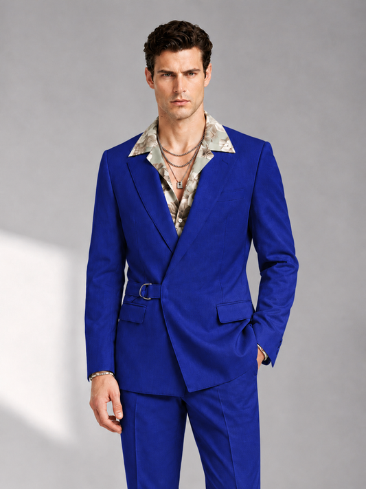 Savile Men's Royal Blue Belted Wrap 2-Piece Suit – Peak Lapel Blazer & Tailored Trousers - SUC060 - Royal Blue - Royal Blue_1