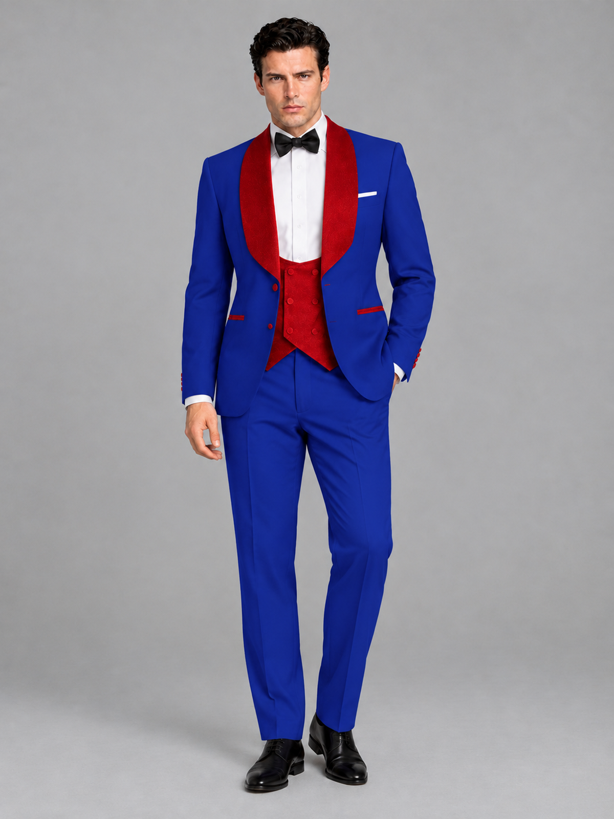 Savile Men's Royal Blue 3-Piece Tuxedo Suit Set – Contrast Red Shawl Lapel Blazer, Red Waistcoat & Trousers - SUC020 - Royal_Blue