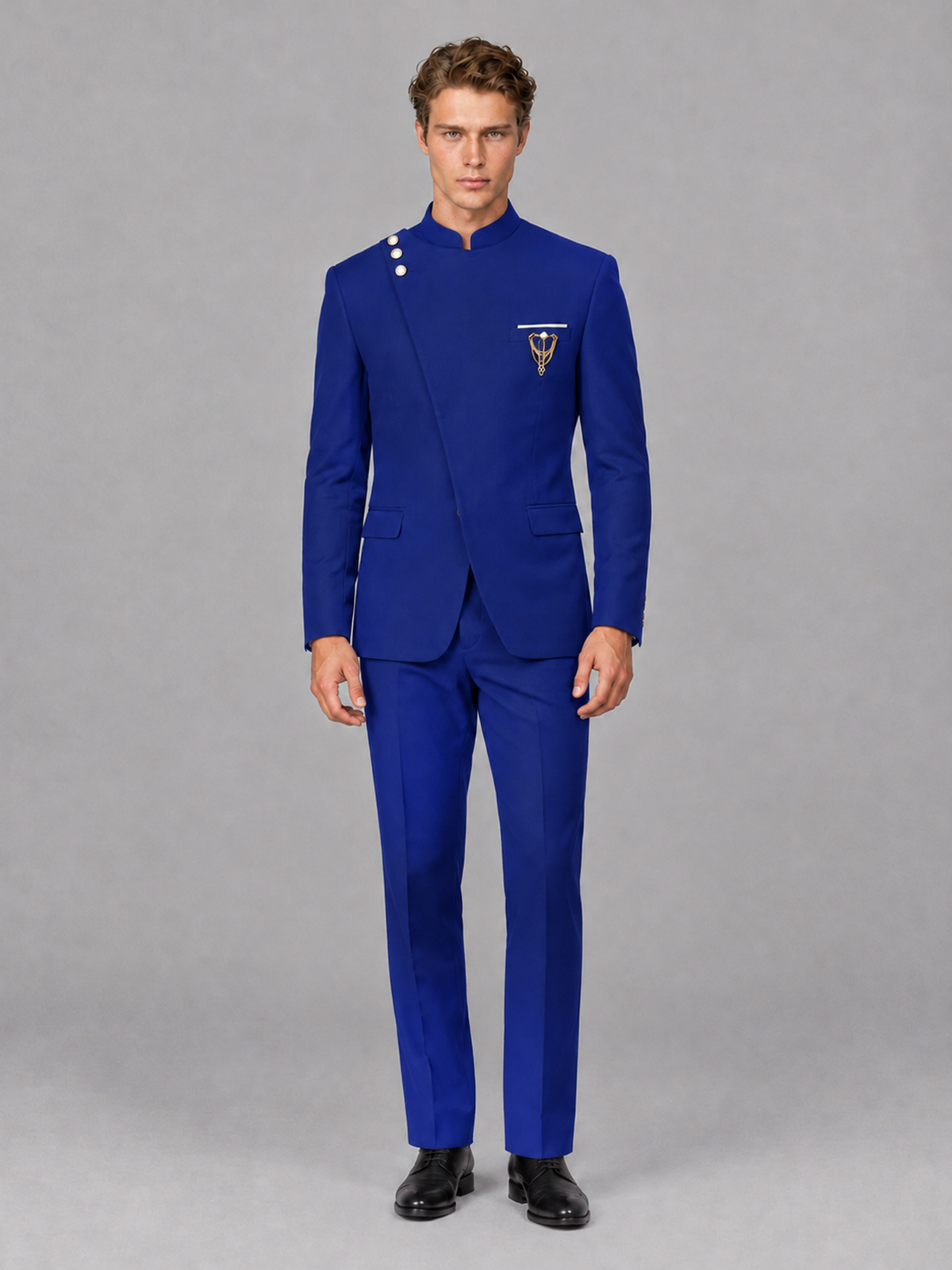 Savile Men's Royal Blue Mandarin Collar Asymmetrical 2-Piece Suit Set – Modern Jacket & Trousers - Royal Blue - Royal Blue_2