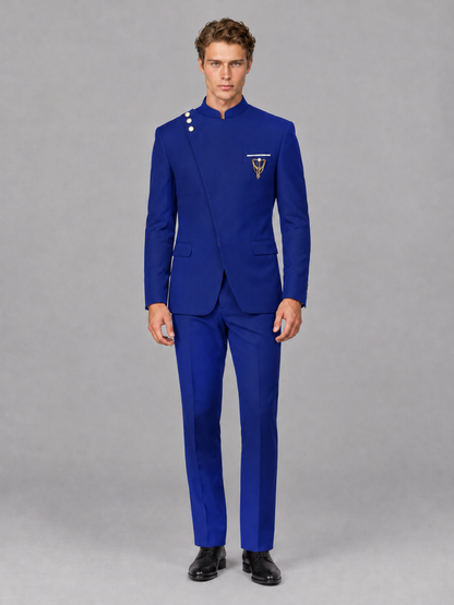 Savile Men's Royal Blue Mandarin Collar Asymmetrical 2-Piece Suit Set – Modern Jacket & Trousers - Royal Blue - Royal Blue_2