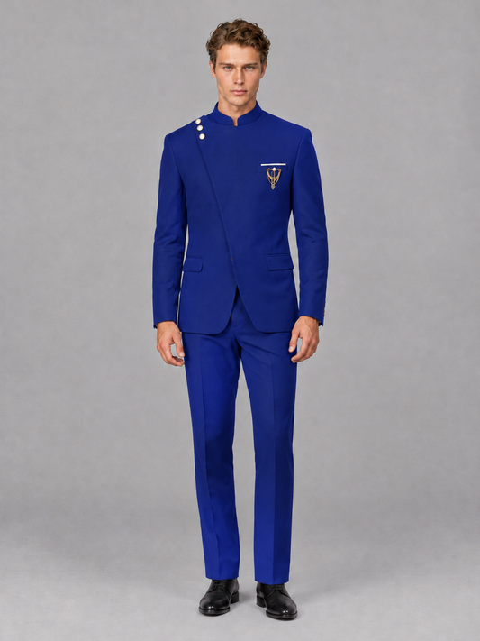 Savile Men's Royal Blue Mandarin Collar Asymmetrical 2-Piece Suit Set – Modern Jacket & Trousers - Royal Blue - Royal Blue_2