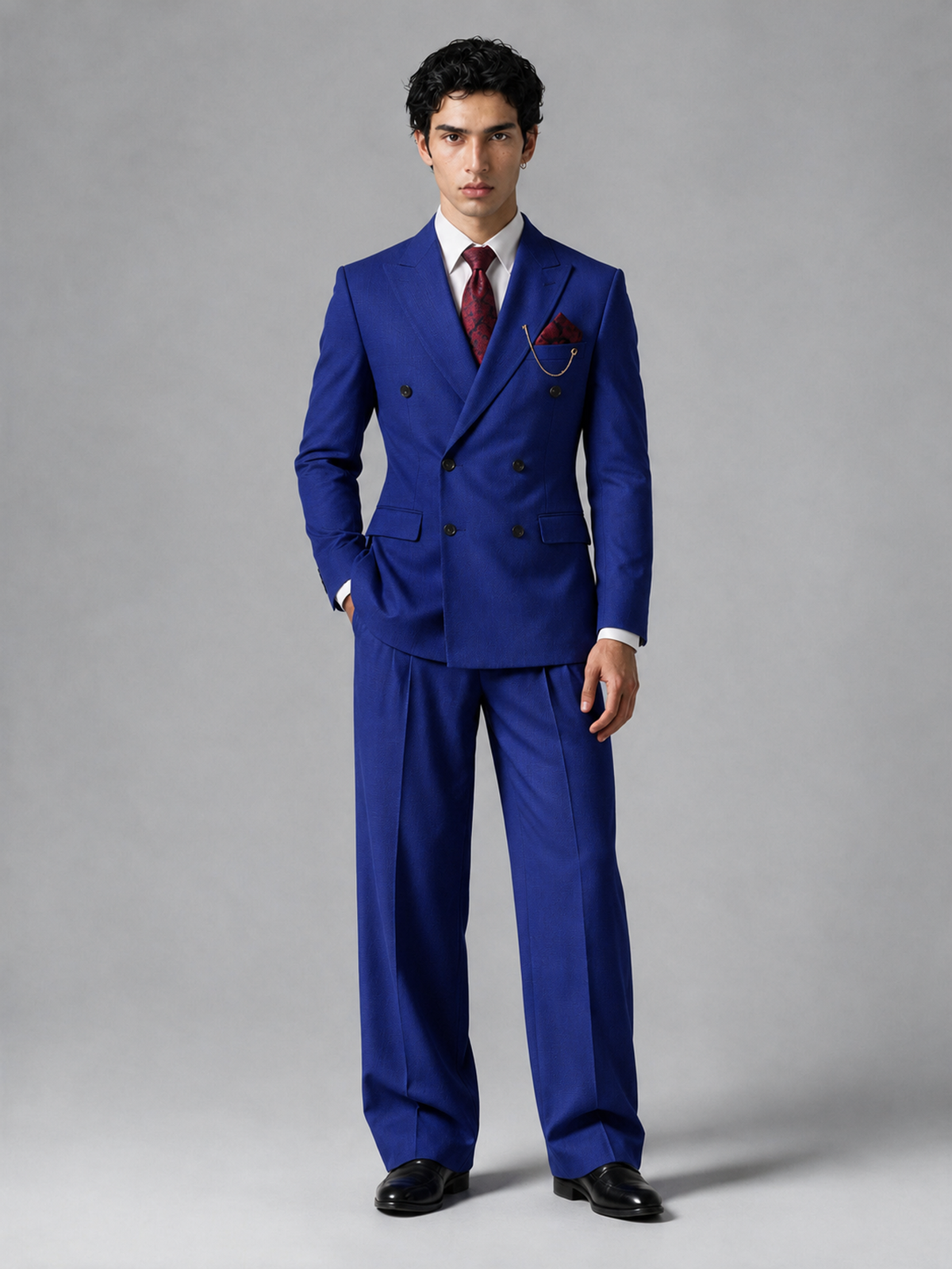 Savile Men's Royal Blue Double-Breasted 2-Piece Suit Set – Peak Lapel Blazer & Pleated Wide-Leg Trousers - Royal Blue - Royal Blue_2