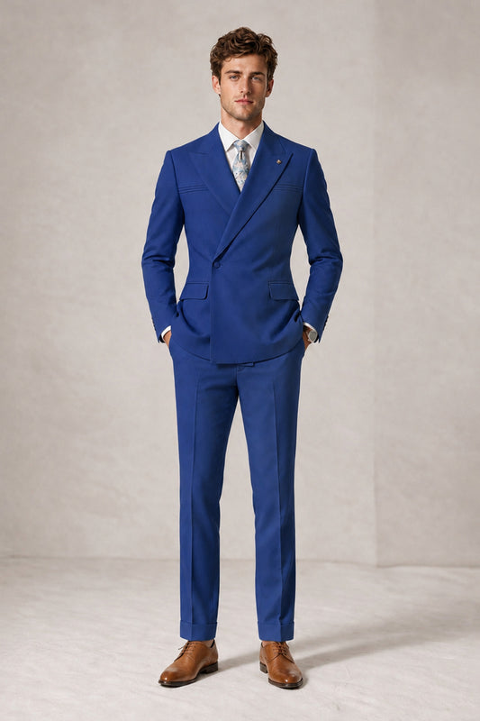 Savile Men's Royal Blue Double-Breasted Slim Fit 2-Piece Suit Set – Peak Lapel Blazer & Cuffed Trousers | Wedding Prom Formal - Royal Blue