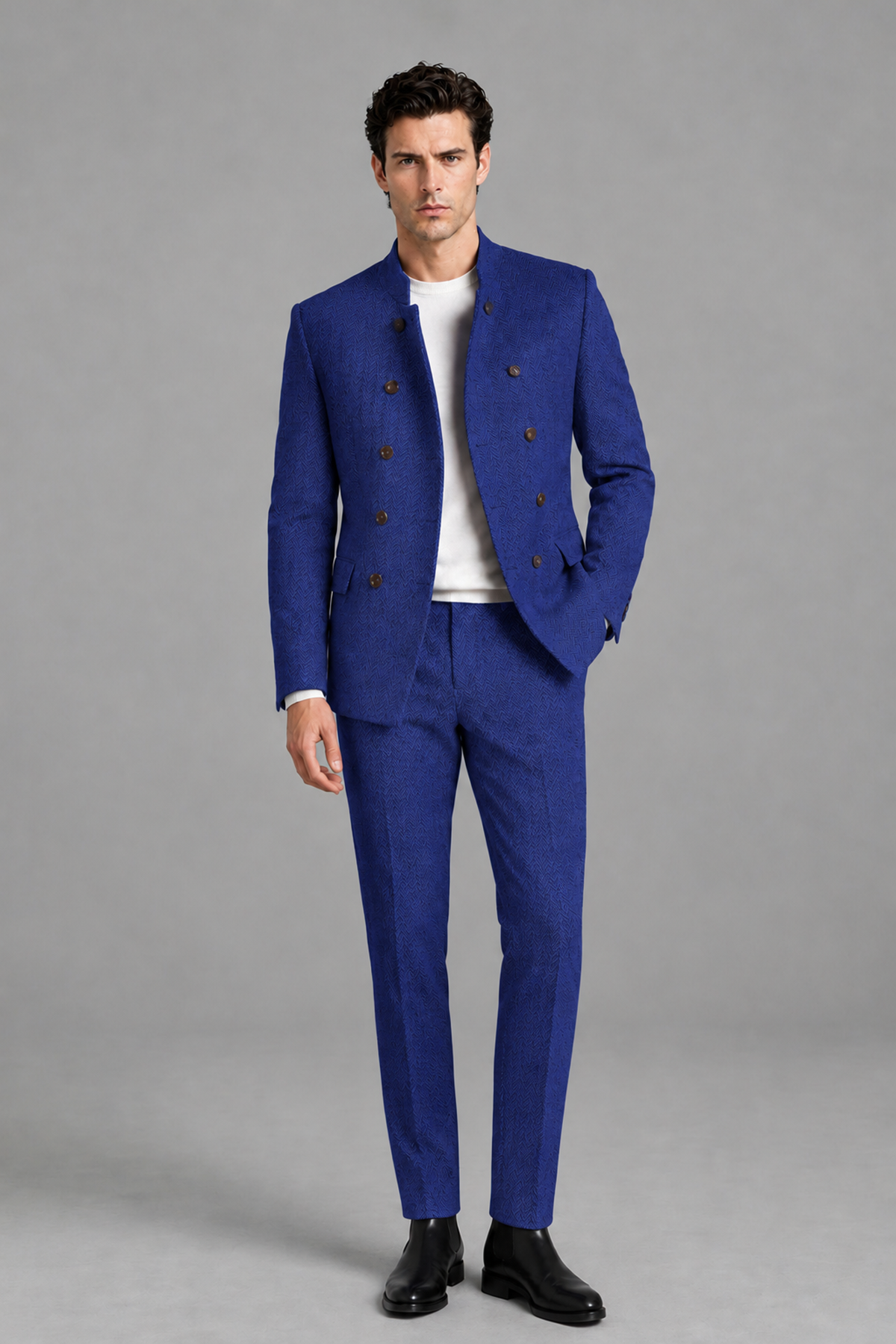 Savile Men's Royal Blue Stand Collar Double Breasted Slim Fit 2-Piece Suit Set – Jacket & Trousers | Wedding Gala Formal - Royal_Blue