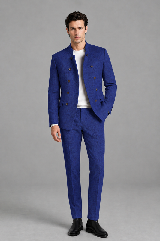 Savile Men's Royal Blue Stand Collar Double Breasted Slim Fit 2-Piece Suit Set – Jacket & Trousers | Wedding Gala Formal - Royal_Blue