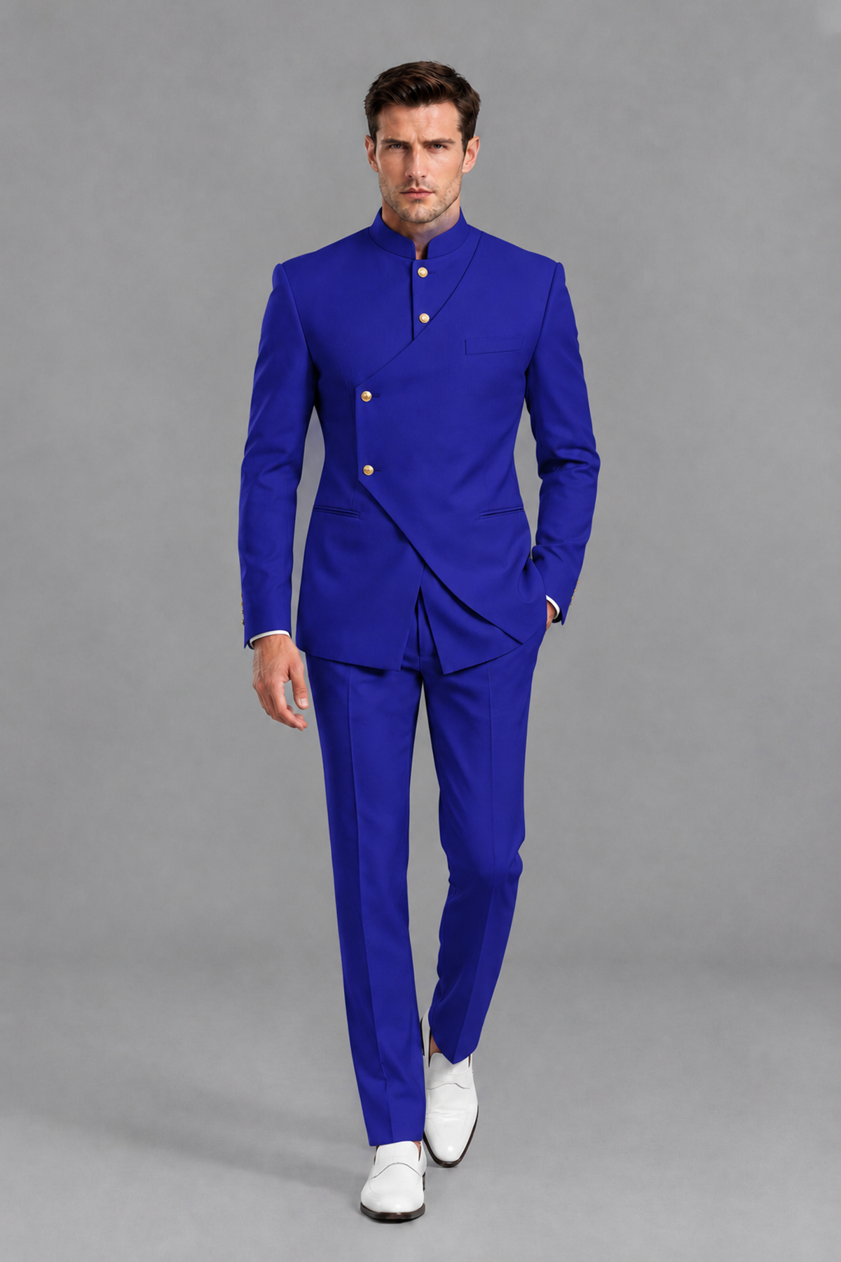 Savile Men's Royal Blue Asymmetrical Mandarin Collar Tuxedo Suit – Modern 2-Piece Gold Button Wedding, Prom & Gala Set - Royal Blue - Royal Blue_2