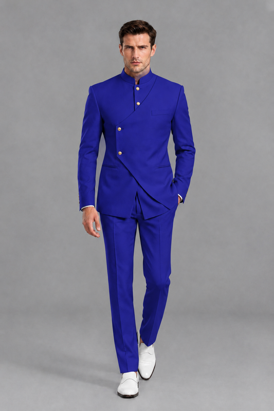 Savile Men's Royal Blue Asymmetrical Mandarin Collar Tuxedo Suit – Modern 2-Piece Gold Button Wedding, Prom & Gala Set - Royal Blue - Royal Blue_2