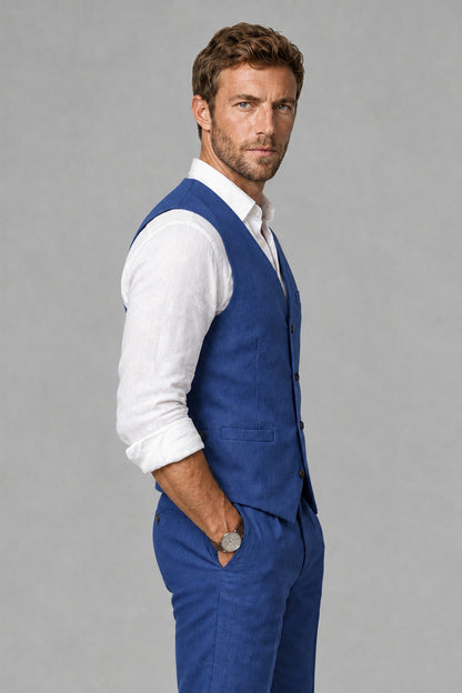 Men's Royal Blue Linen Blend Single-Breasted V-Neck Suit Vest | Savile QX0101 - Royal Blue