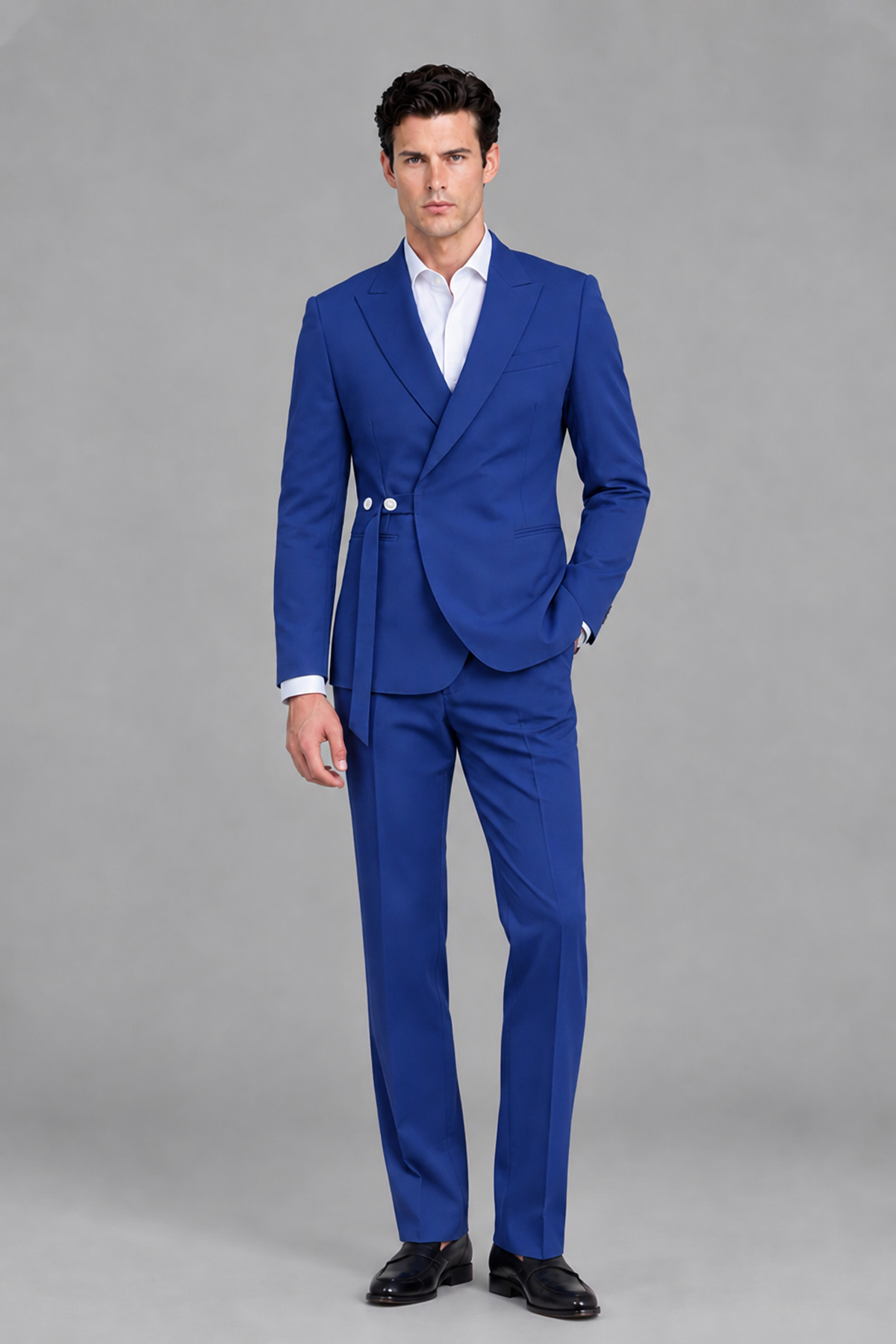 Savile Men's Modern Royal Blue 2-Piece Wrap Suit Set – Peak Lapel Side-Button Blazer & Tailored Trousers - Royal Blue - Royal_Blue_2
