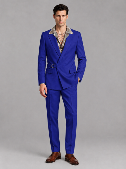 Savile Men's Royal Blue Belted Wrap 2-Piece Suit – Peak Lapel Blazer & Tailored Trousers - SUC060 - Royal Blue - Royal Blue_2