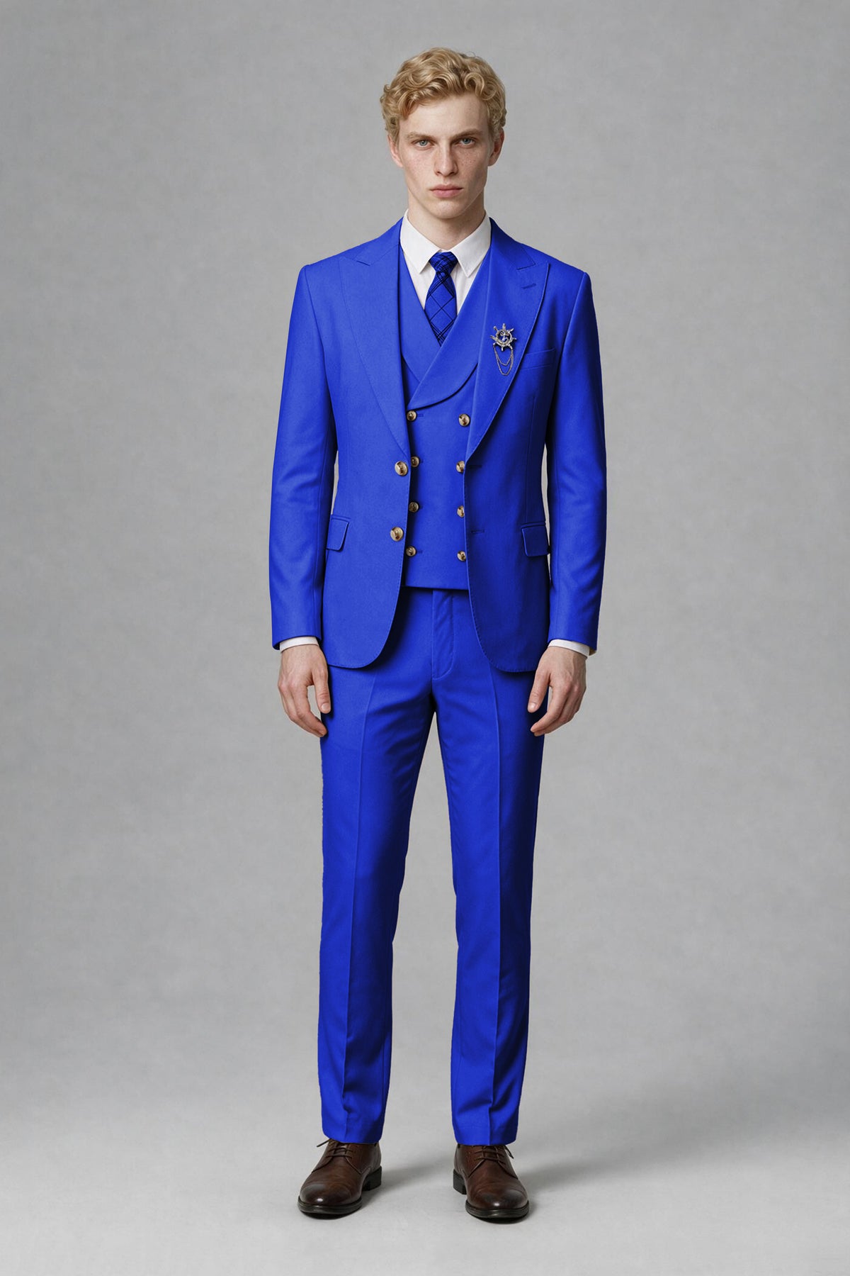 Savile Men's Royal Blue Three-Piece Wedding Suit with Double-Breasted Waistcoat - Royal Blue