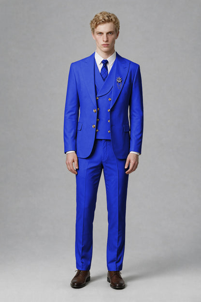 Savile Men's Royal Blue Three-Piece Wedding Suit with Double-Breasted Waistcoat - Royal Blue