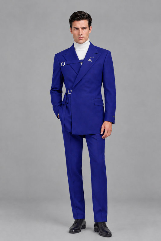 Savile Men's Royal Blue Double Buckle Wrap Belted 2-Piece Suit Set – Peak Lapel Slim-Fit Jacket & Trousers - Royal Blue - Royal Blue_2
