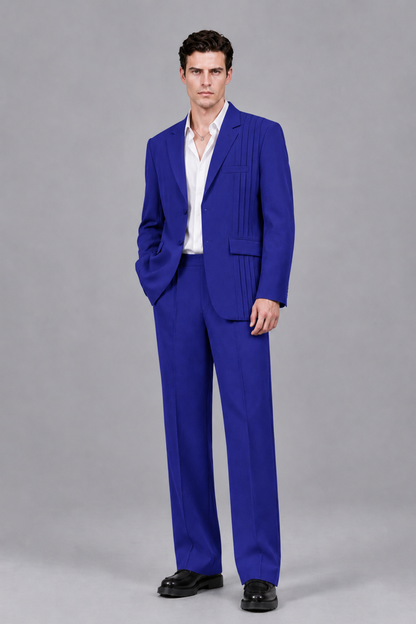Savile Men's Royal Blue Pleated 2-Piece Suit Set | Notch Lapel Blazer & Tailored Trousers - Royal Blue - Royal Blue_2