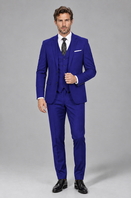 Savile Men's Royal Blue 3-Piece Suit Set – Notch Lapel Blazer, Vest & Trousers - Royal Blue - Royal_Blue_2