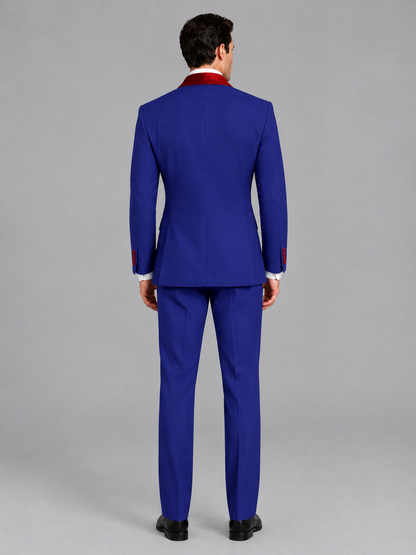 Savile Men's Royal Blue 3-Piece Tuxedo Suit Set – Contrast Red Shawl Lapel Blazer, Red Waistcoat & Trousers - SUC020 - Royal_Blue