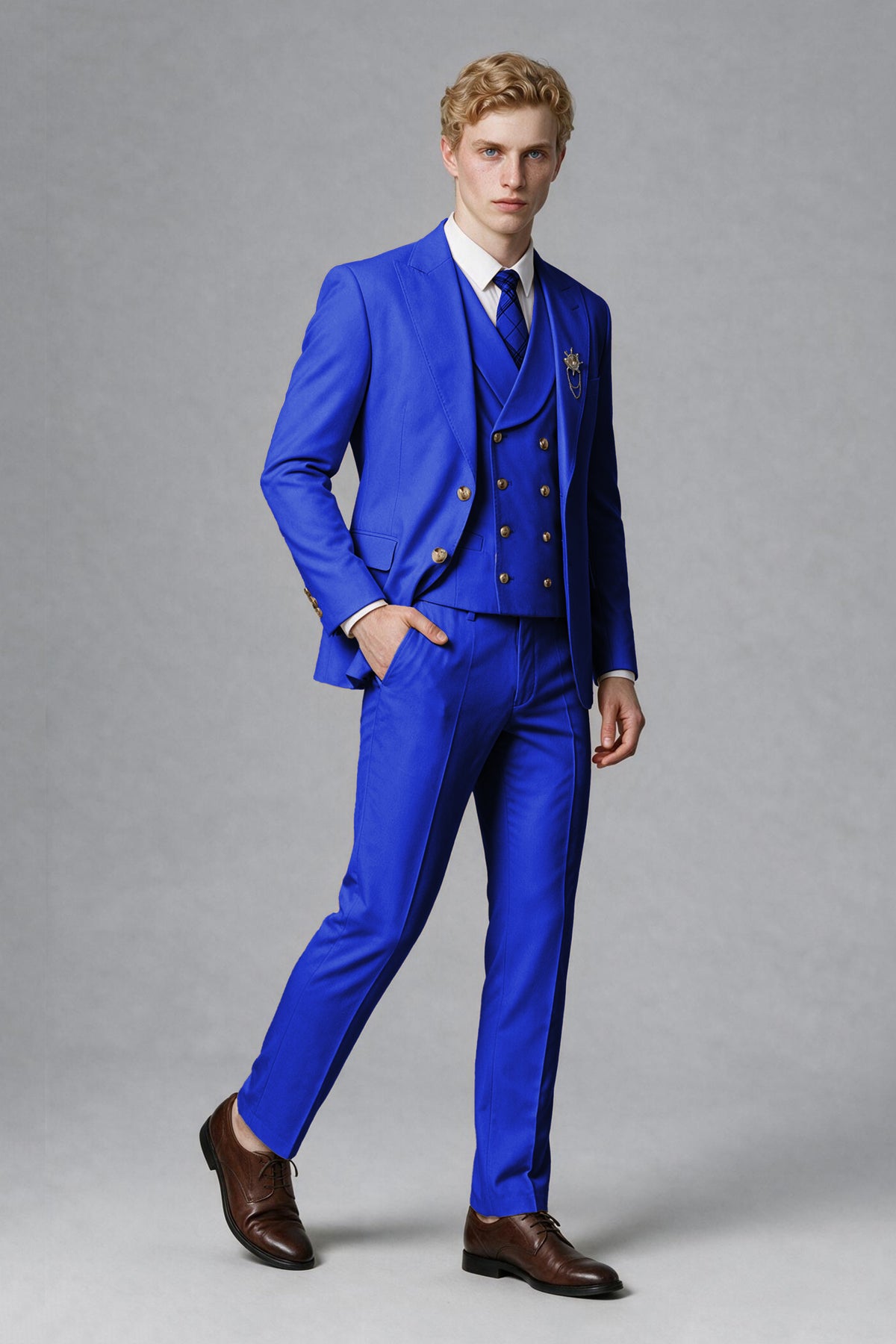 Savile Men's Royal Blue Three-Piece Wedding Suit with Double-Breasted Waistcoat - Royal Blue