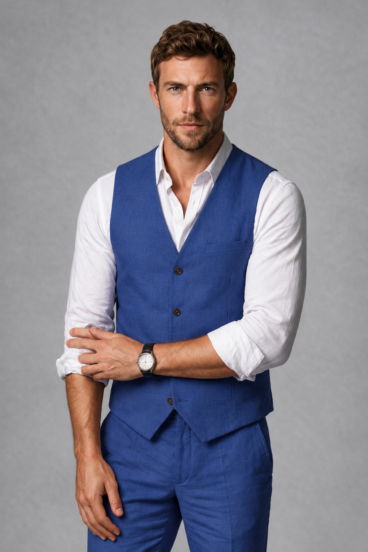 Men's Royal Blue Linen Blend Single-Breasted V-Neck Suit Vest | Savile QX0101 - Royal Blue