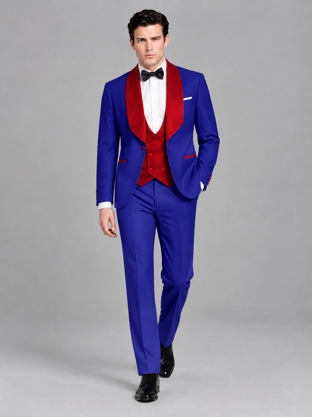 Savile Men's Royal Blue 3-Piece Tuxedo Suit Set – Contrast Red Shawl Lapel Blazer, Red Waistcoat & Trousers - SUC020 - Royal_Blue
