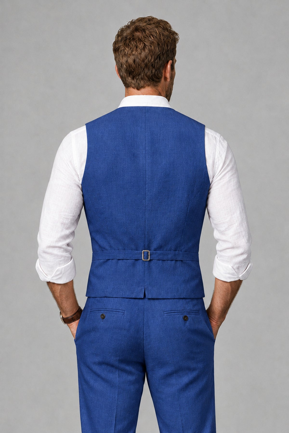 Men's Royal Blue Linen Blend Single-Breasted V-Neck Suit Vest | Savile QX0101 - Royal Blue