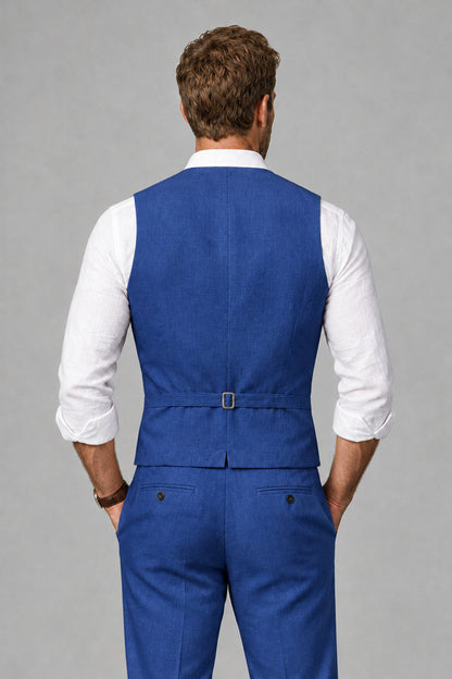Men's Royal Blue Linen Blend Single-Breasted V-Neck Suit Vest | Savile QX0101 - Royal Blue