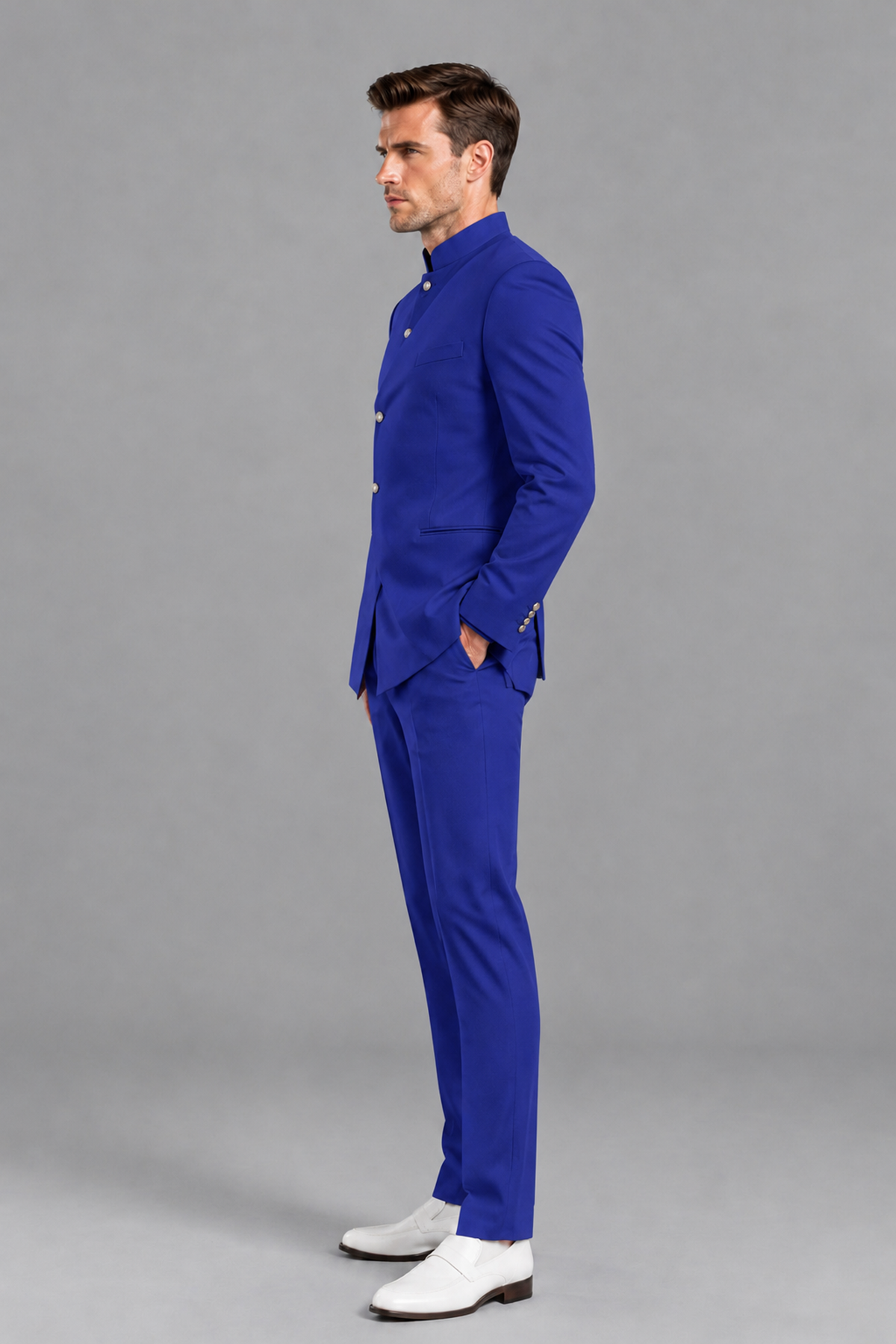 Savile Men's Royal Blue Asymmetrical Mandarin Collar Tuxedo Suit – Modern 2-Piece Gold Button Wedding, Prom & Gala Set - Royal Blue - Royal Blue_4
