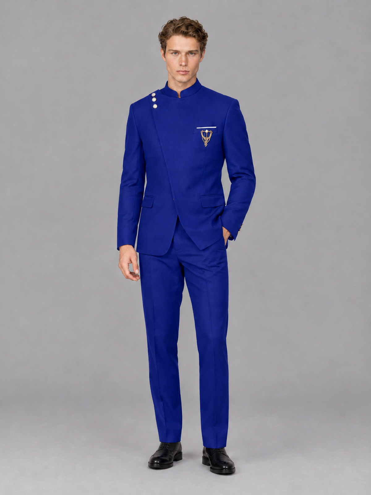 Savile Men's Royal Blue Mandarin Collar Asymmetrical 2-Piece Suit Set – Modern Jacket & Trousers - Royal Blue - Royal Blue_4