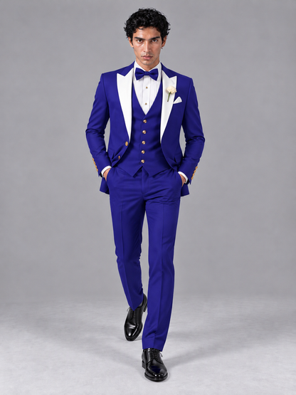 Savile Men's Royal Blue Contrast White Peak Lapel 3-Piece Tuxedo Suit - Royal_Blue