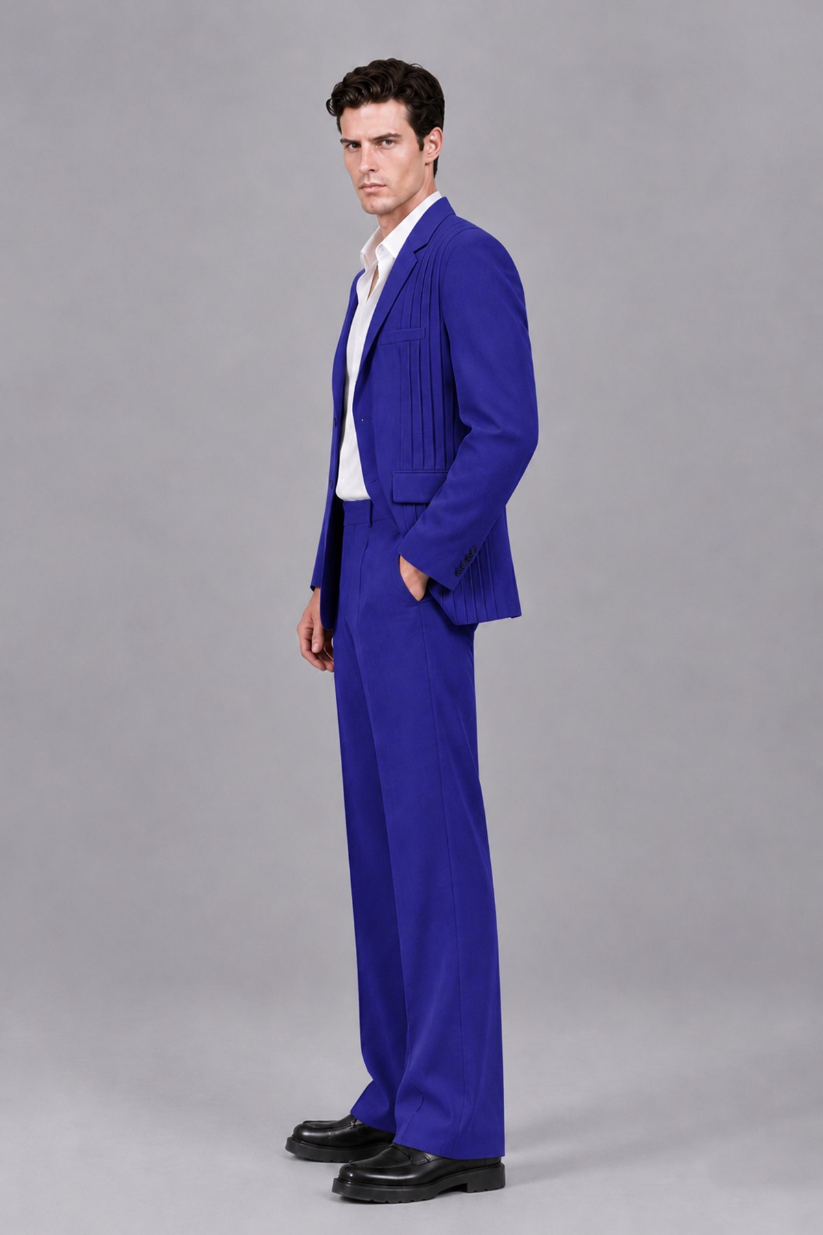 Savile Men's Royal Blue Pleated 2-Piece Suit Set | Notch Lapel Blazer & Tailored Trousers - Royal Blue - Royal Blue_4