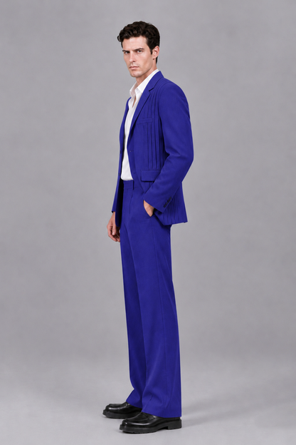 Savile Men's Royal Blue Pleated 2-Piece Suit Set | Notch Lapel Blazer & Tailored Trousers - Royal Blue - Royal Blue_4