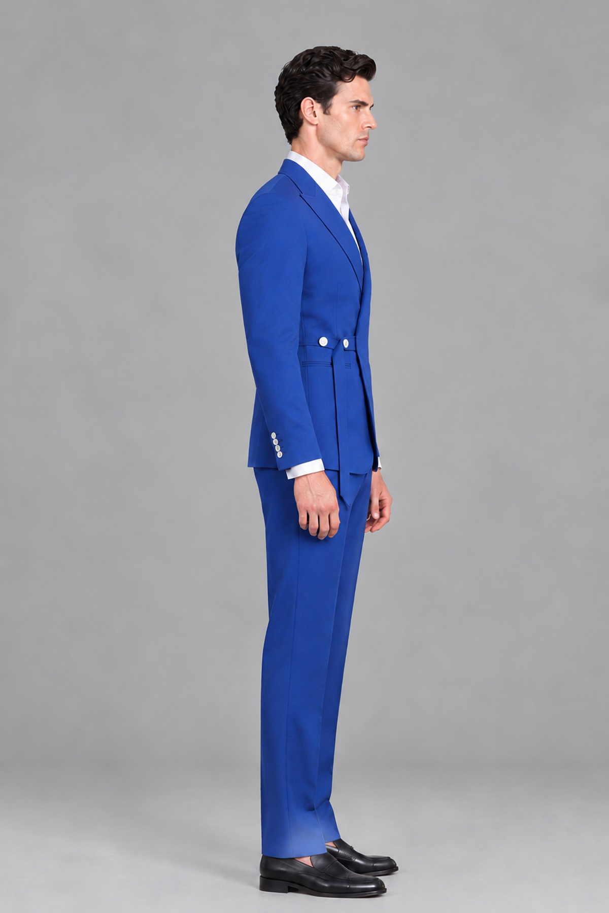 Savile Men's Modern Royal Blue 2-Piece Wrap Suit Set – Peak Lapel Side-Button Blazer & Tailored Trousers - Royal Blue - Royal_Blue_4