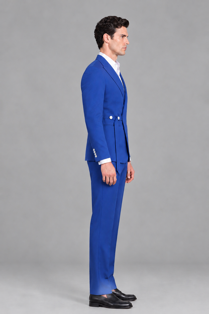 Savile Men's Modern Royal Blue 2-Piece Wrap Suit Set – Peak Lapel Side-Button Blazer & Tailored Trousers - Royal Blue - Royal_Blue_4