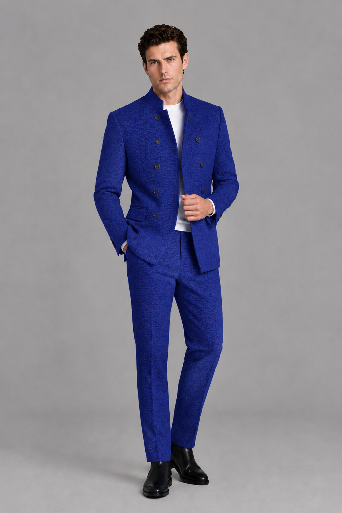 Savile Men's Royal Blue Stand Collar Double Breasted Slim Fit 2-Piece Suit Set – Jacket & Trousers | Wedding Gala Formal - Royal_Blue