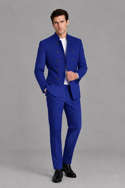Savile Men's Royal Blue Stand Collar Double Breasted Slim Fit 2-Piece Suit Set – Jacket & Trousers | Wedding Gala Formal - Royal_Blue